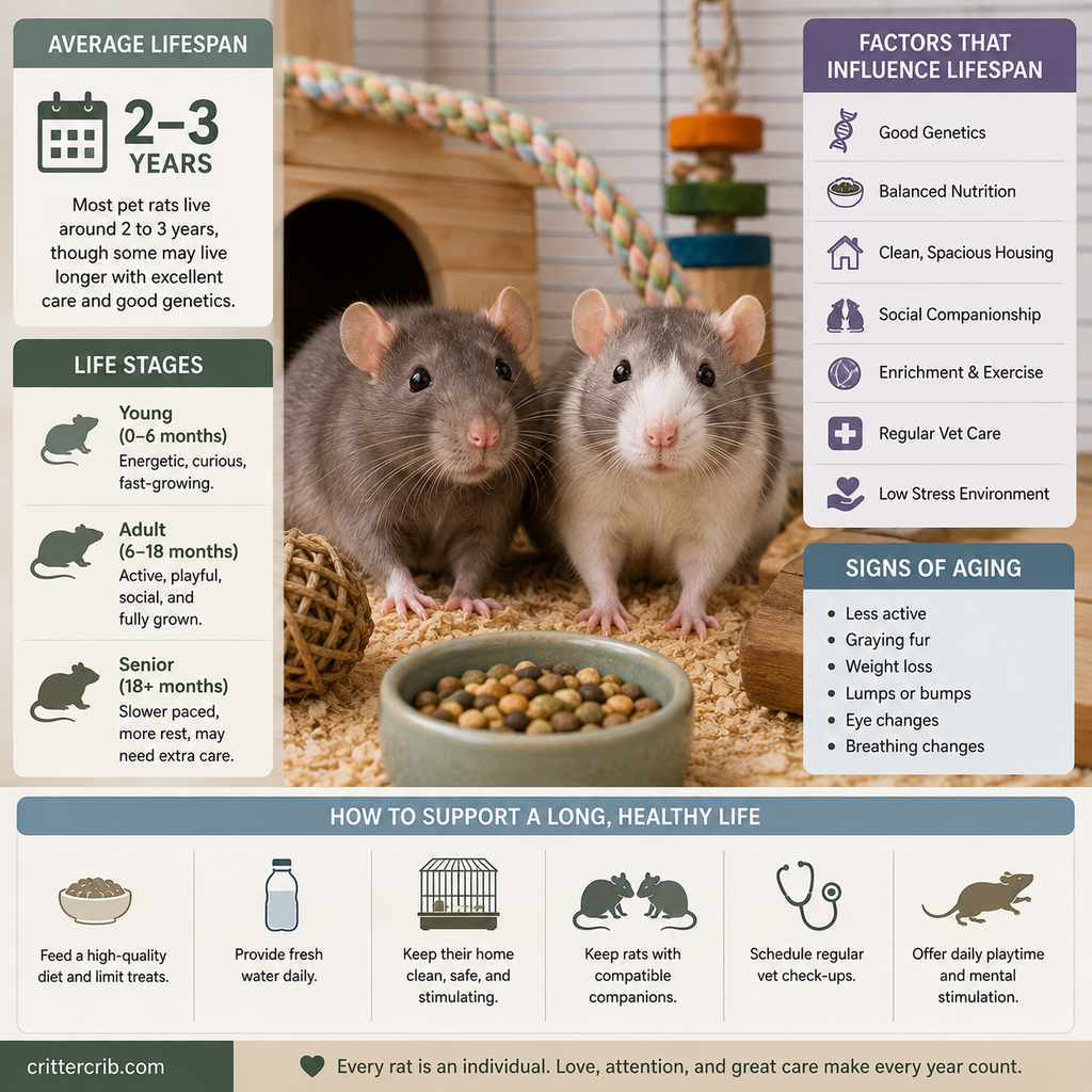 Pet rat lifespan guide showing life stages, aging signs, and factors that influence longevity