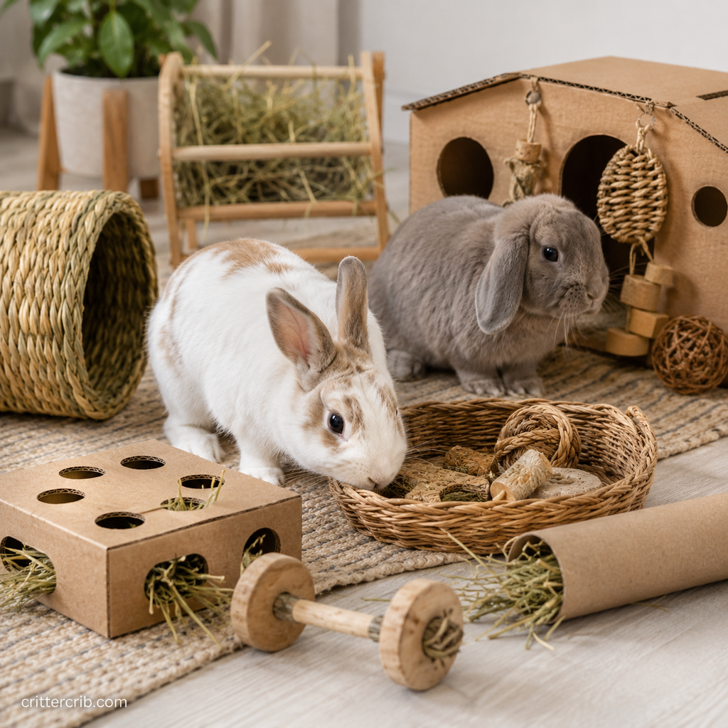 Rabbits exploring enrichment toys, tunnels, hay, and foraging activities