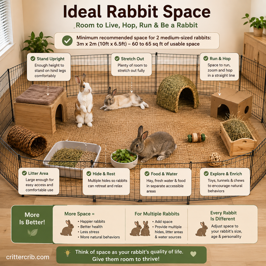 Spacious indoor rabbit enclosure with room for rabbits to stand, stretch, hop, eat, hide, and explore.