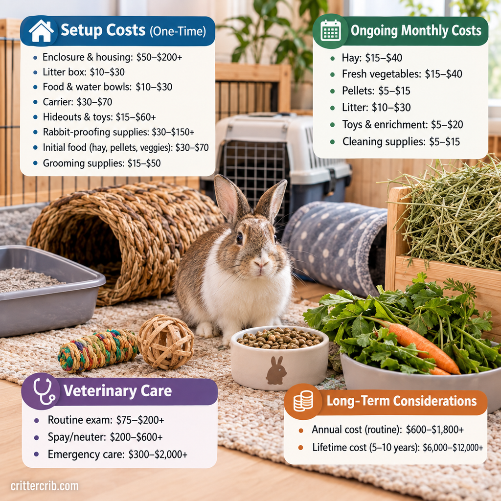 Rabbit with housing, hay, food, litter, toys, and supplies illustrating setup, monthly, and veterinary costs.