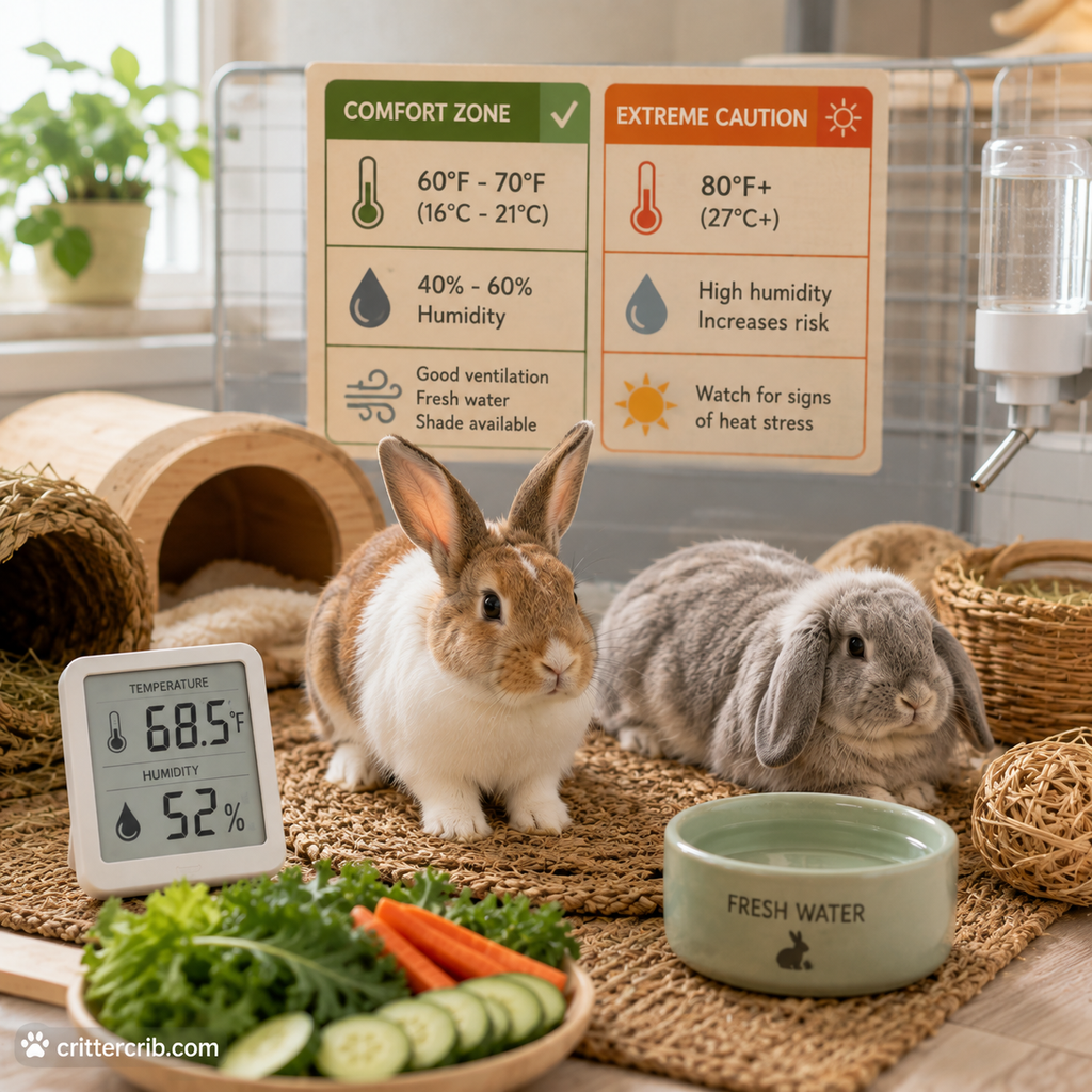 Two rabbits in an indoor habitat with a thermometer showing comfortable temperature and humidity levels