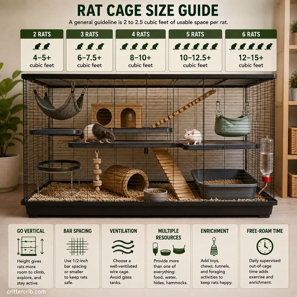 Rat cage size guide showing recommended space for two to six rats with a spacious multi-level habitat