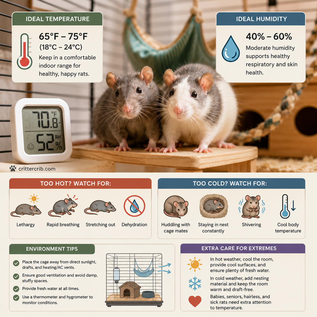 Pet rats with a thermometer and hygrometer showing ideal temperature and humidity ranges and signs of heat or cold stress
