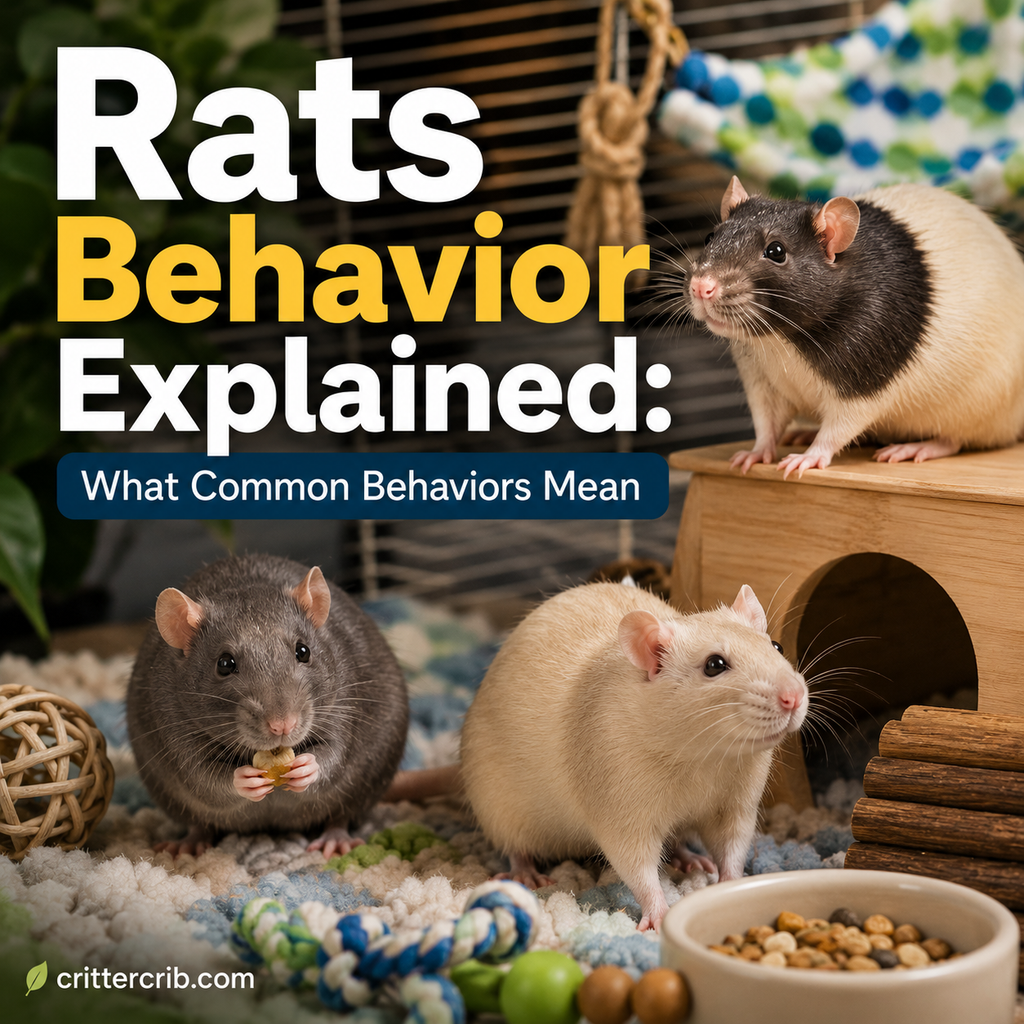 Pet rats exploring a comfortable habitat with bedding, toys, food, and a wooden hide.