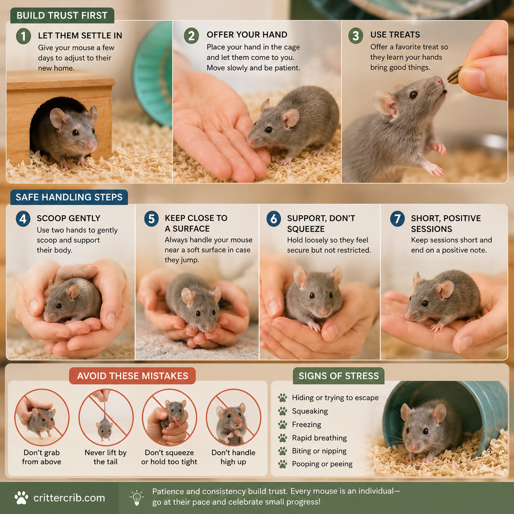 Safe mouse handling steps showing how to build trust, gently scoop and support a pet mouse, and recognize signs of stress