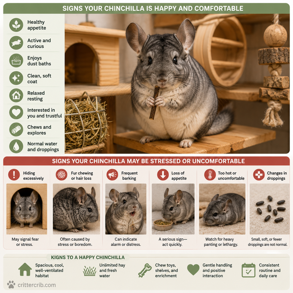 Signs of a happy chinchilla compared with behaviors that may indicate stress or discomfort