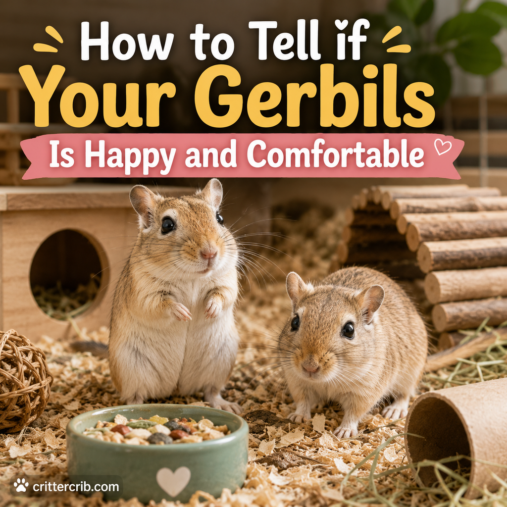 Two happy gerbils exploring a comfortable habitat with bedding, tunnels, food, and enrichment