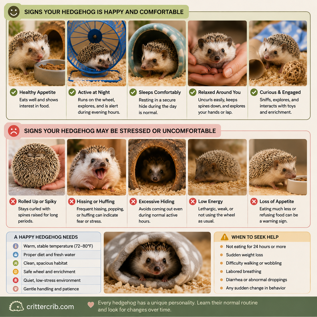 Signs of a happy hedgehog compared with behaviors that may indicate stress or discomfort