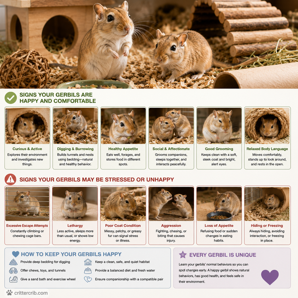 Signs of happy and stressed gerbils including burrowing, grooming, social behavior, hiding, aggression, and appetite changes