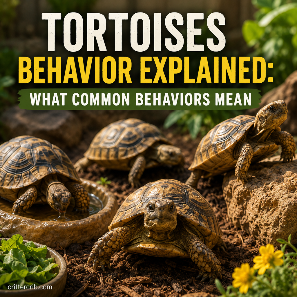 Tortoises displaying common behaviors including exploring, climbing, soaking, and feeding