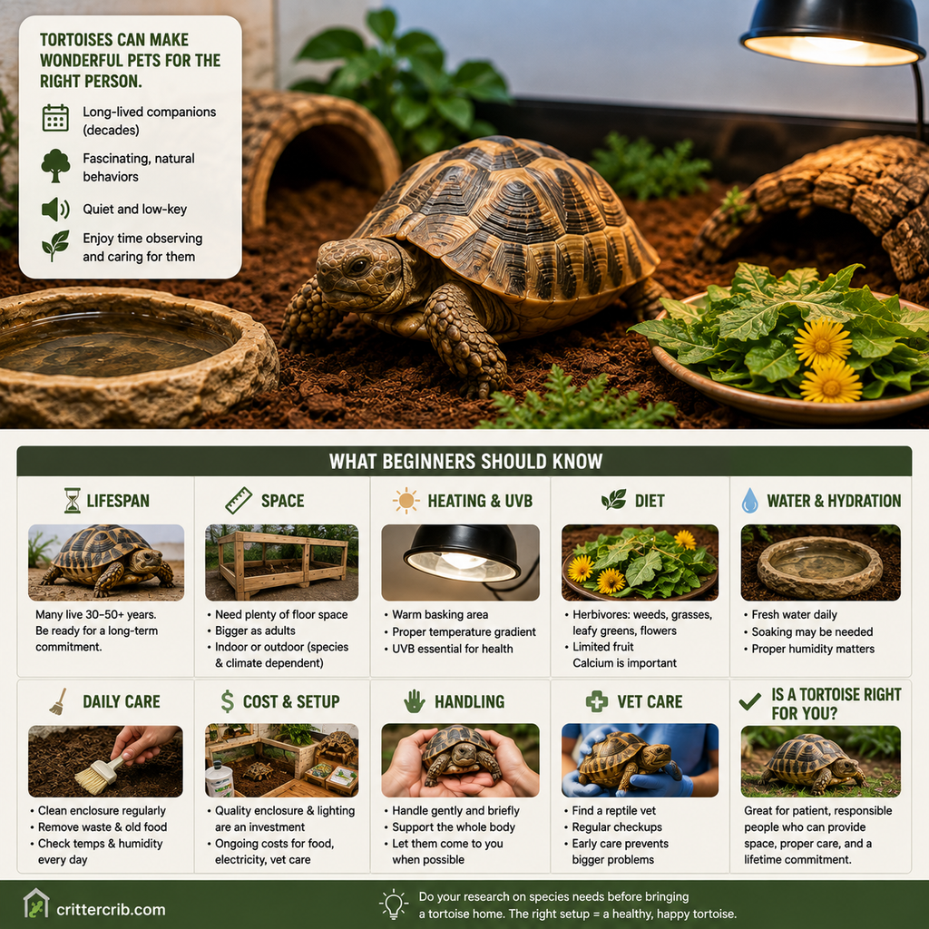 Pet tortoise care guide showing habitat, UVB lighting, diet, water, handling, and other beginner needs