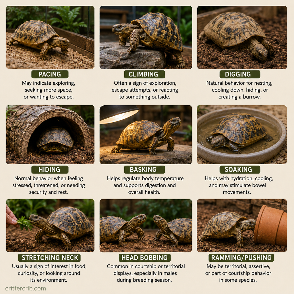 Common tortoise behaviors including pacing, climbing, digging, hiding, basking, soaking, head bobbing, and ramming