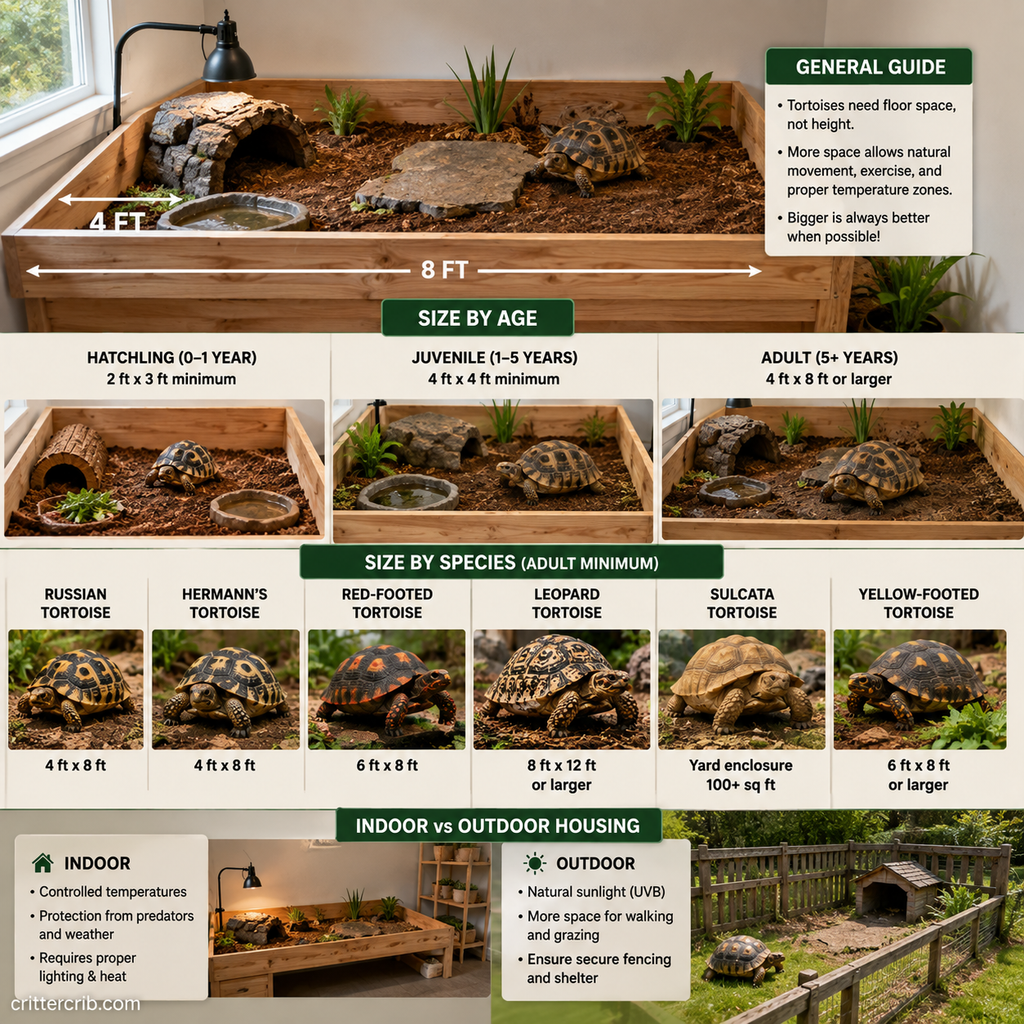 Tortoise enclosure size guide comparing housing space by age and species with indoor and outdoor habitat examples.