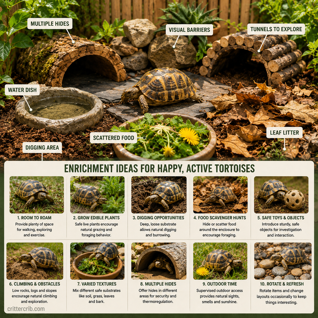 Tortoise enrichment ideas including foraging, digging, edible plants, hides, tunnels, varied terrain, and safe obstacles