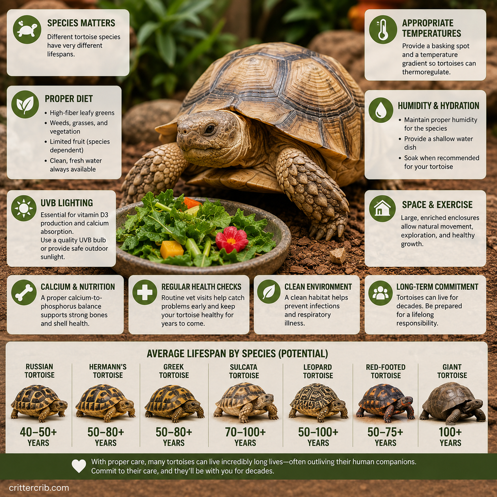 Tortoise lifespan by species with diet, UVB, temperature, hydration, space, and other care factors that affect longevity