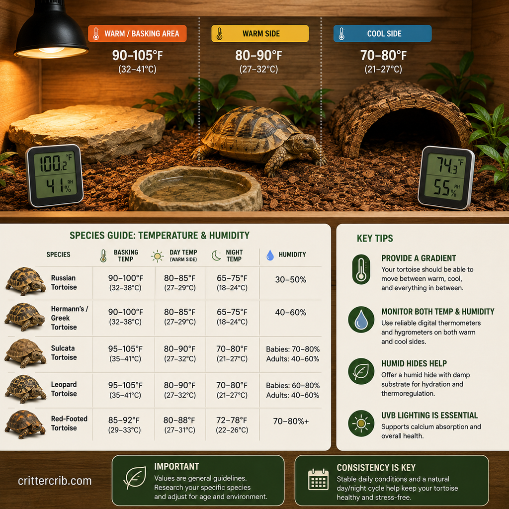 Tortoise temperature and humidity guide showing basking, warm and cool zones for popular tortoise species