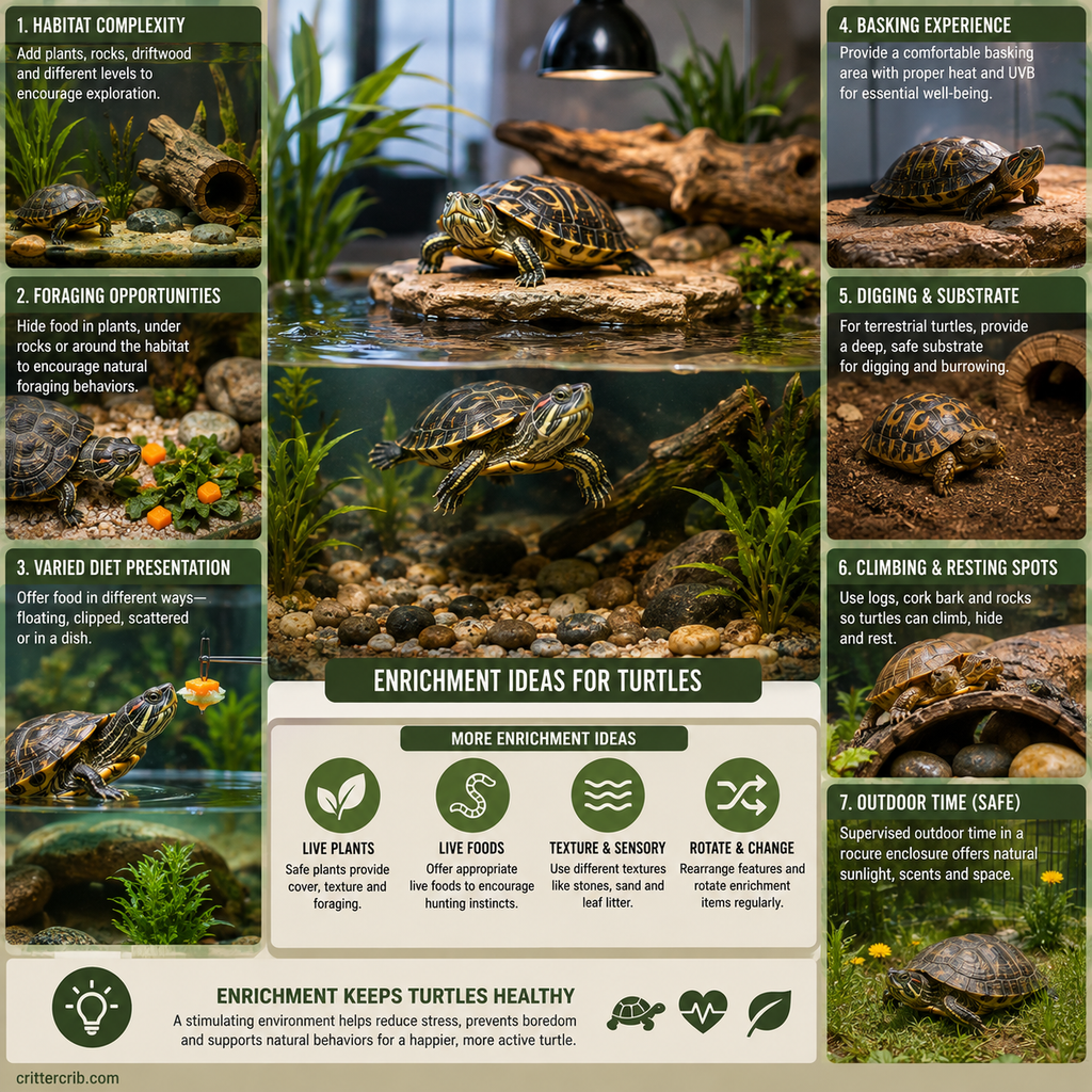 Turtle enrichment ideas including foraging, basking, digging, climbing, plants, varied feeding, and habitat exploration