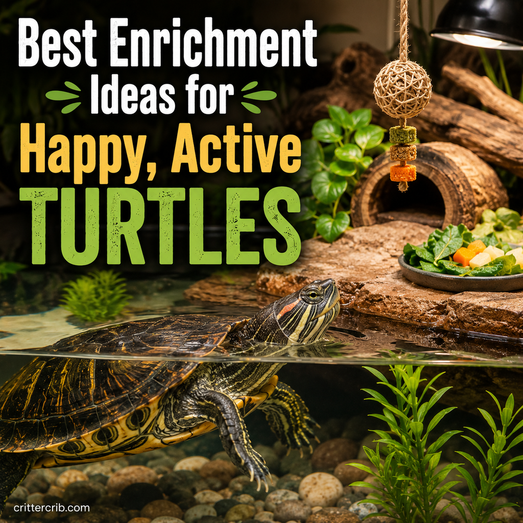 Pet turtle exploring an enriched habitat with plants, swimming space, basking area, food, and natural features