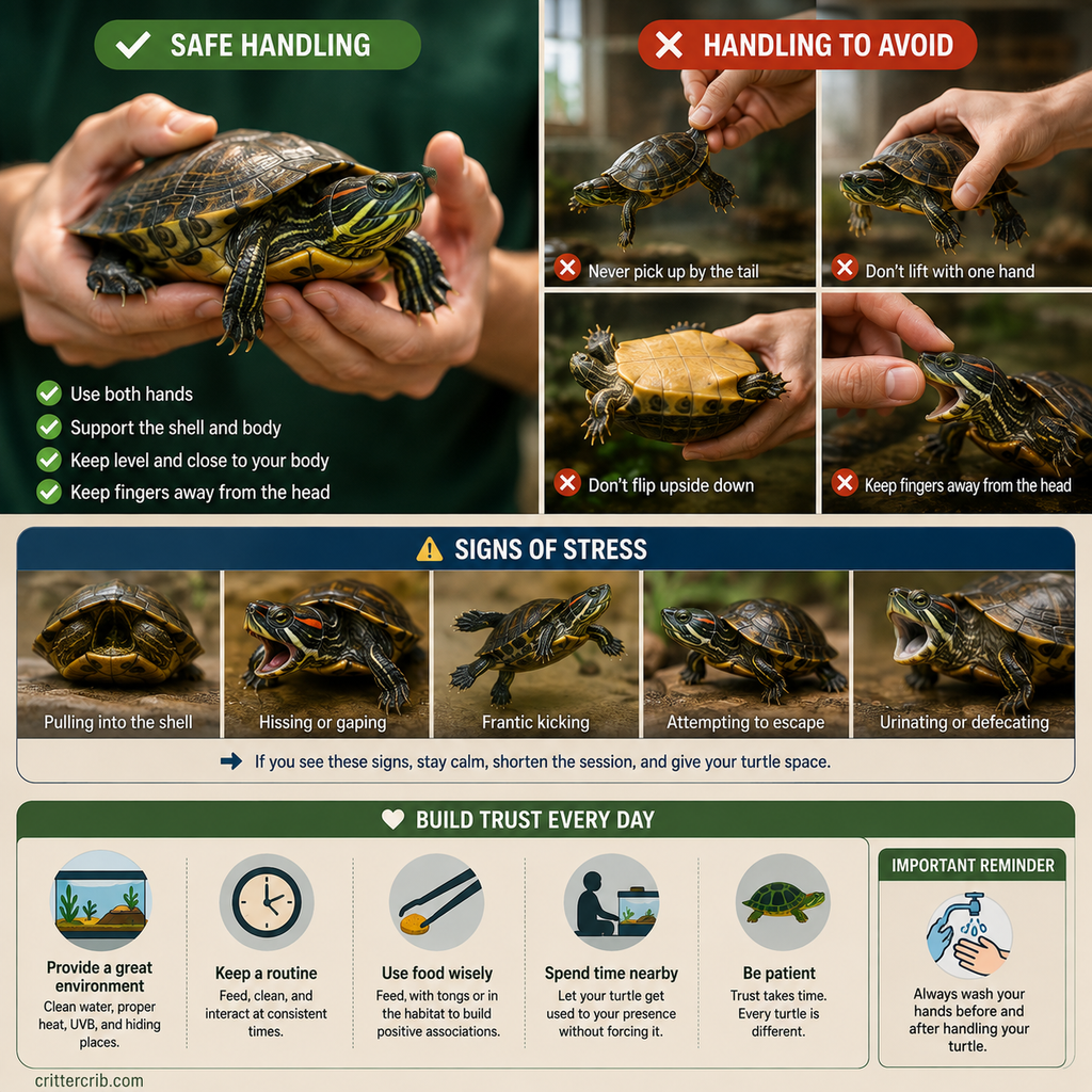 Safe turtle handling guide showing proper support, handling mistakes, stress signs, and ways to build trust