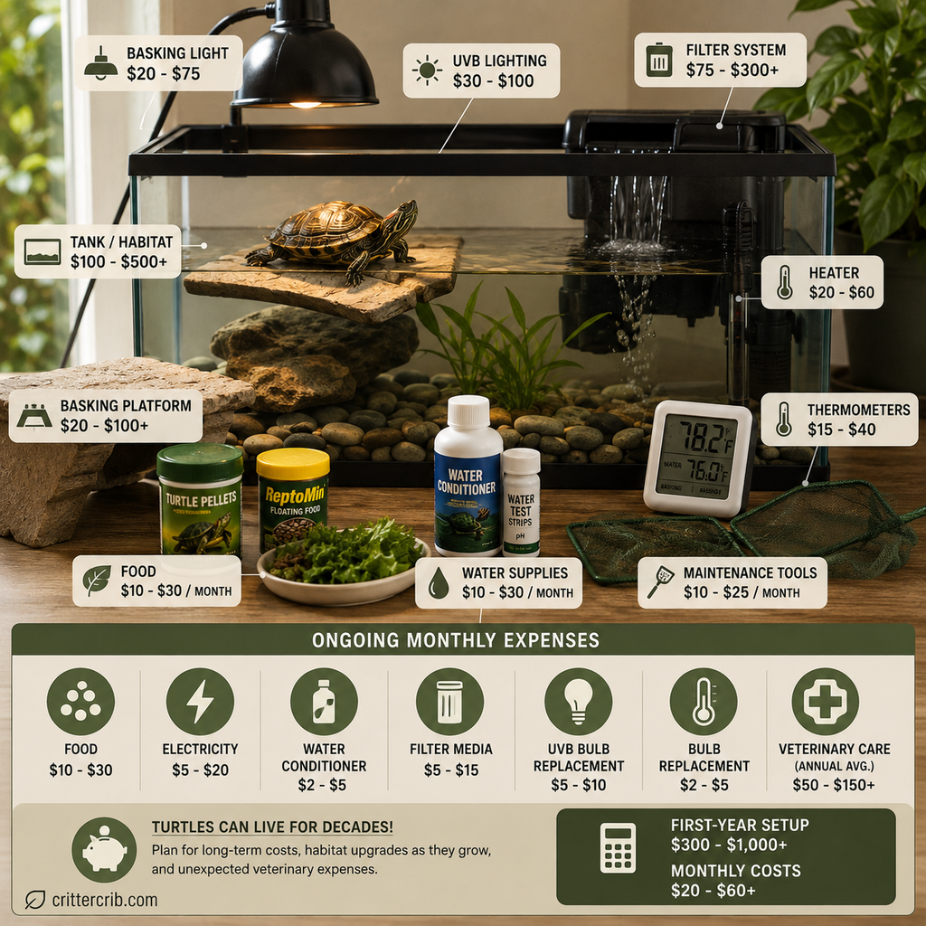Turtle setup and ongoing costs including tank, filter, UVB lighting, basking equipment, food, and maintenance