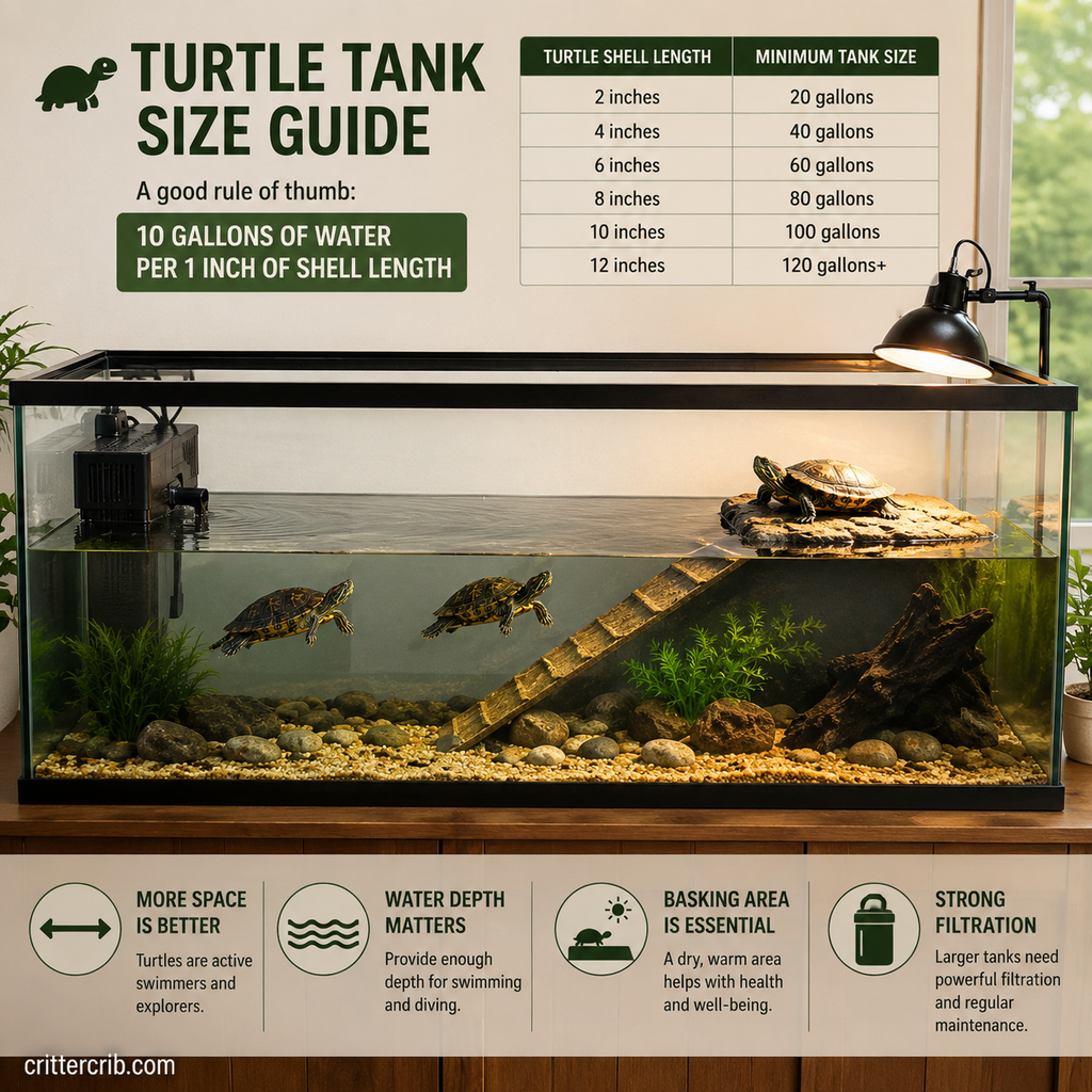 Turtle tank size guide showing swimming space, basking area, water depth, and filtration