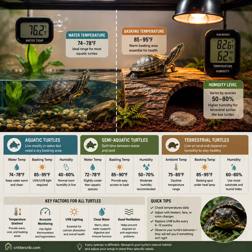 Turtle habitat showing water temperature, basking temperature, humidity, UVB lighting, and monitoring equipment