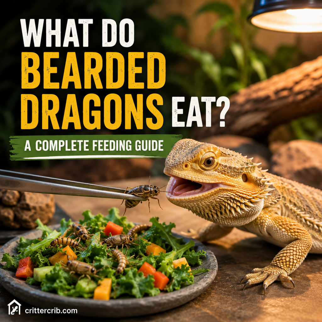 Bearded dragon eating insects alongside a bowl of leafy greens and vegetables