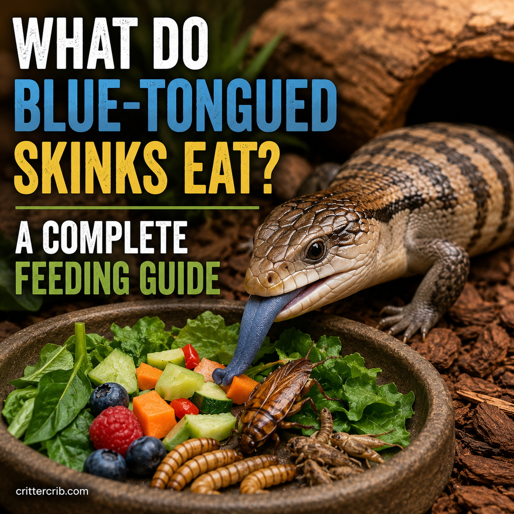 Blue-tongued skink eating vegetables, greens, fruit and insects as part of a balanced diet