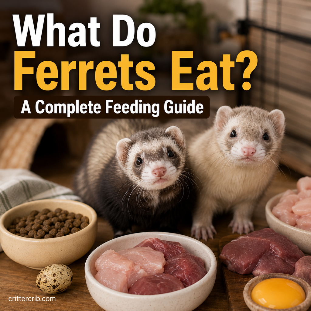 Two ferrets with meat, eggs, and commercial ferret food