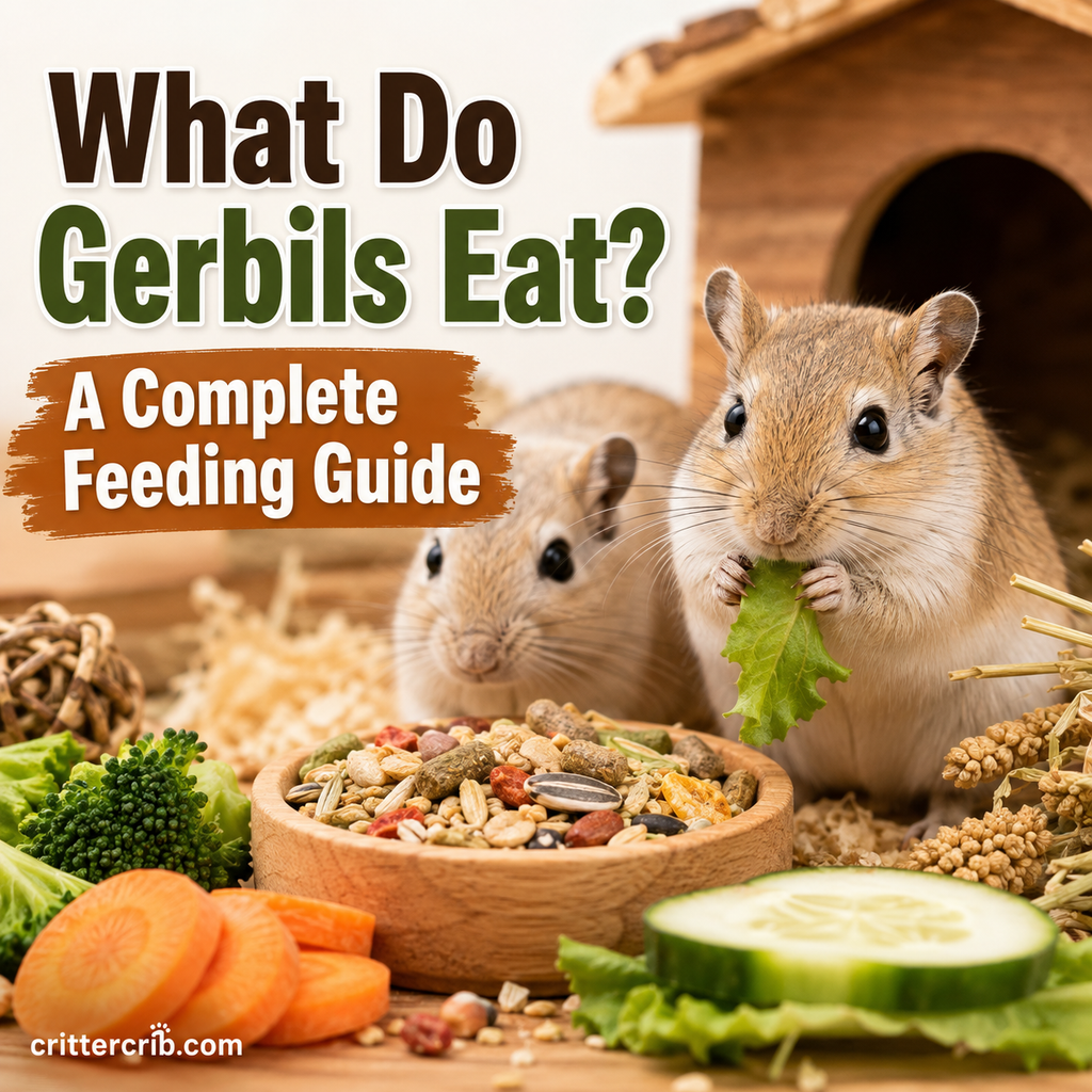 Gerbils with pellets, seeds, grains, vegetables, and hay representing a healthy gerbil diet.