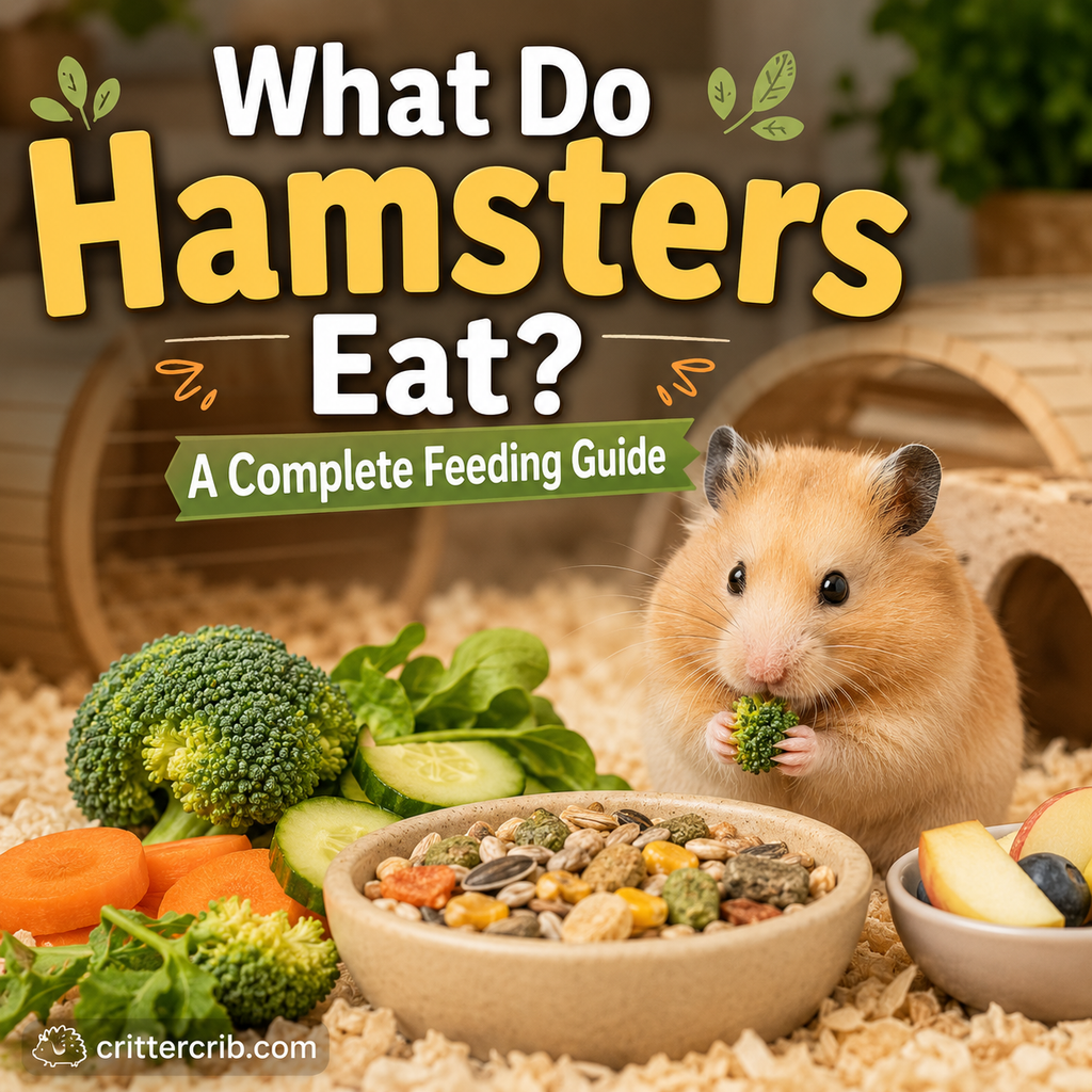 Hamster eating broccoli beside a bowl of hamster food with fresh vegetables and fruit