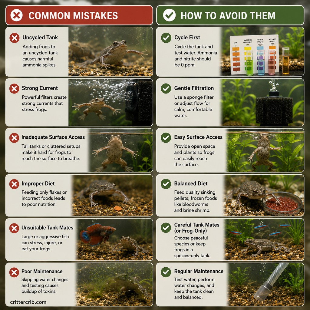 African dwarf frog care mistakes and solutions for tank cycling, filtration, feeding, surface access, tank mates, and maintenance