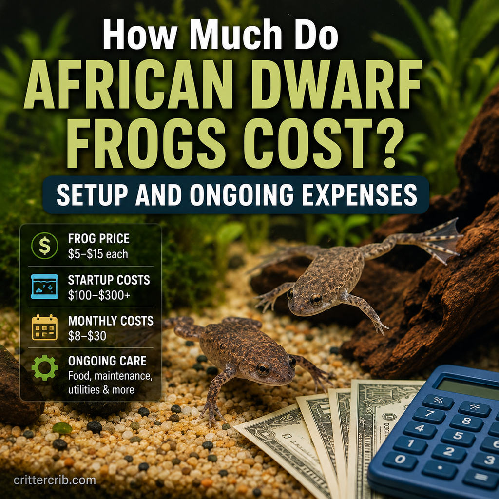 African dwarf frogs in an aquarium with a calculator and money illustrating setup and ongoing costs