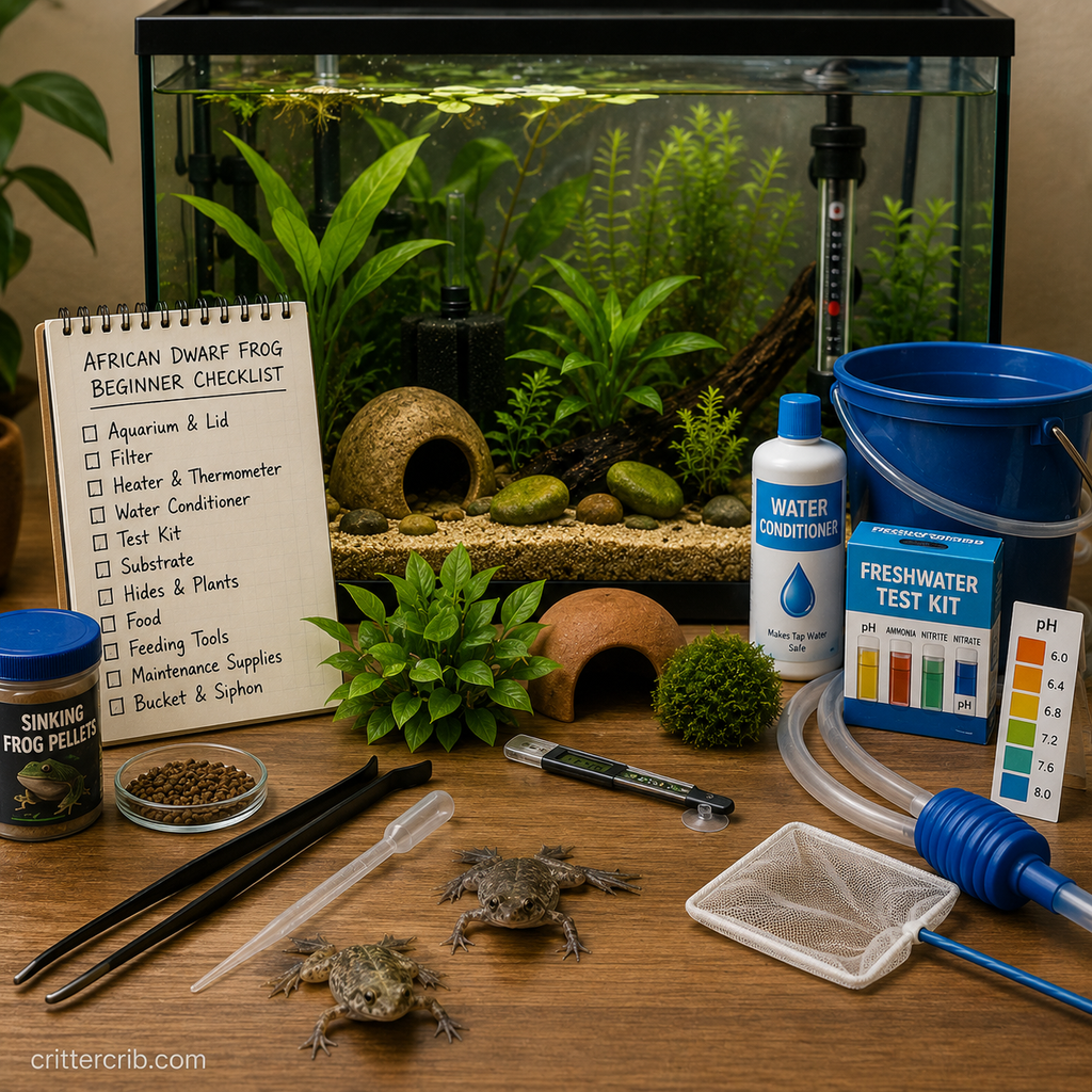 Essential African dwarf frog supplies including an aquarium, filter, heater, food, water conditioner, test kit, hides, and maintenance tools
