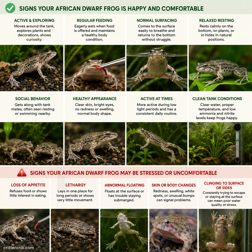 Signs of a happy African dwarf frog compared with behaviors that may indicate stress or discomfort