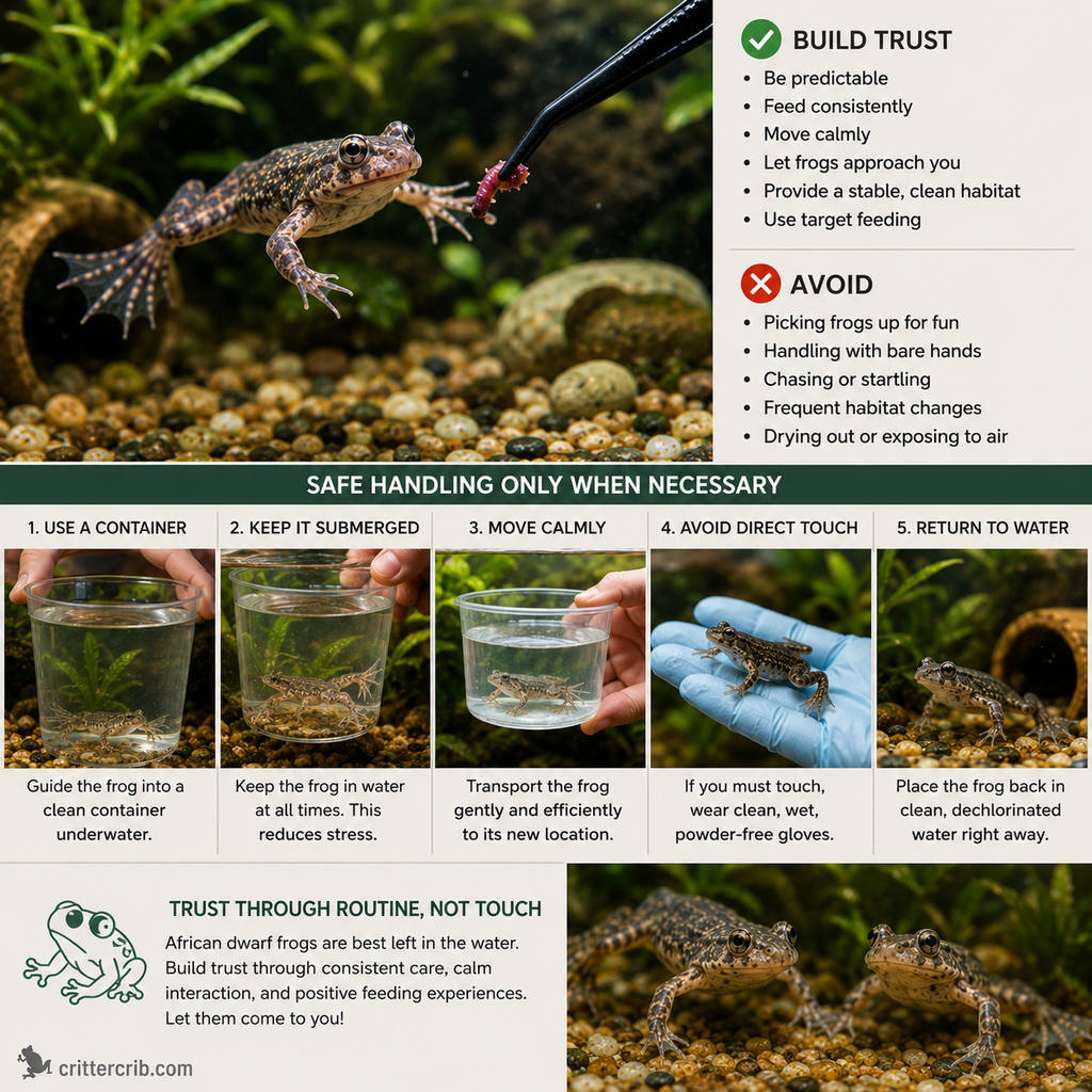 African dwarf frog safe handling and trust-building guide showing target feeding and a water-based transfer