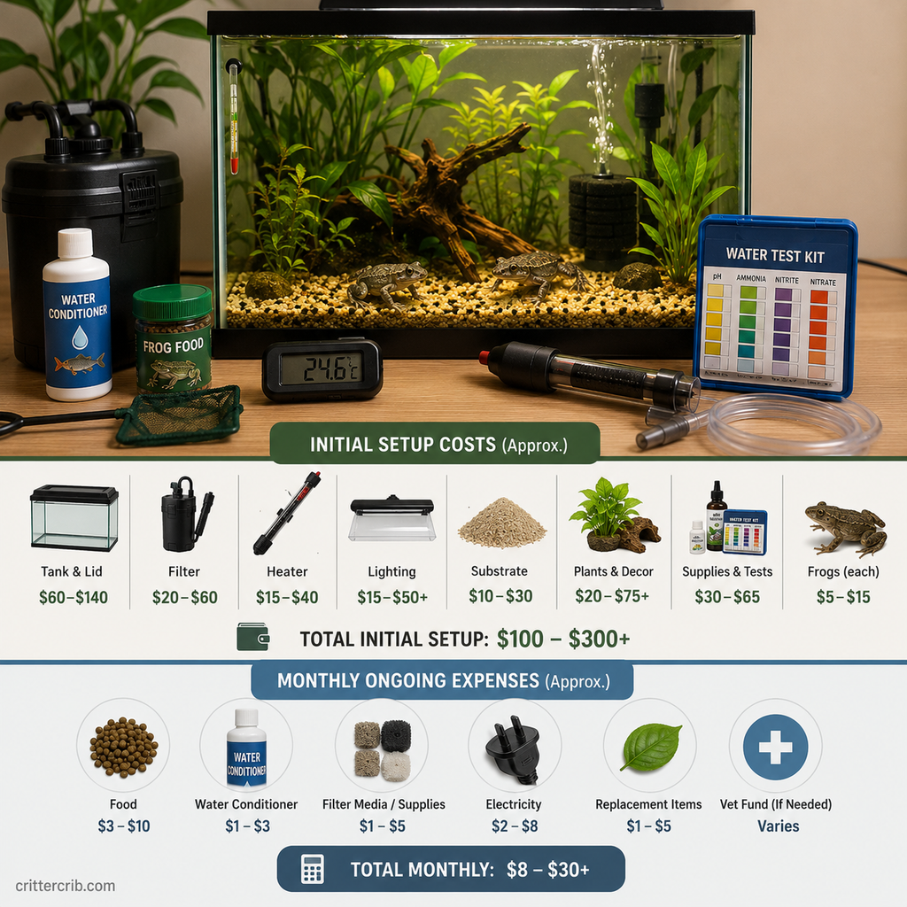 African dwarf frog aquarium setup showing tank equipment, supplies, initial costs, and monthly expenses