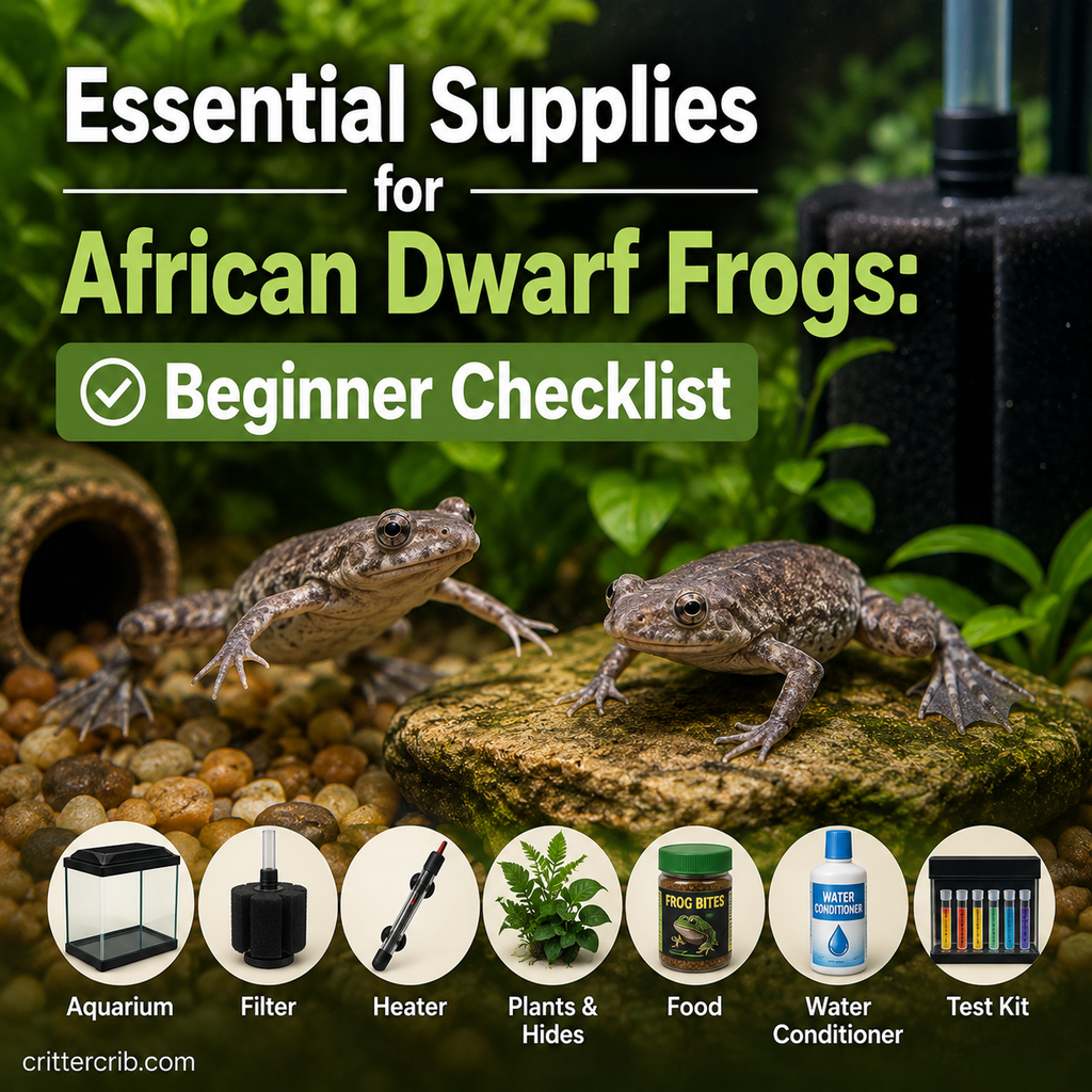 African dwarf frogs in an aquarium with essential supplies for a beginner setup