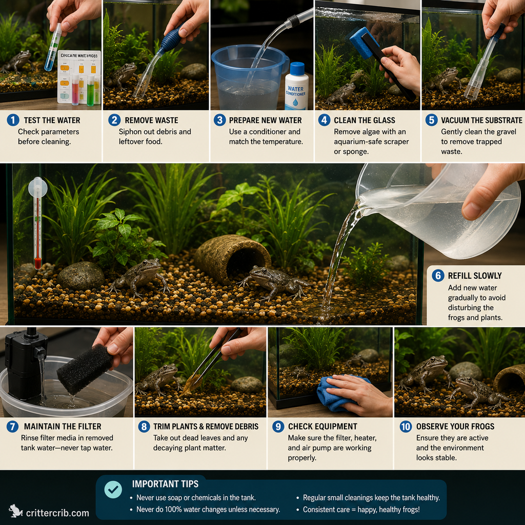 African dwarf frog tank cleaning routine showing water testing, siphoning, substrate cleaning, and a partial water change