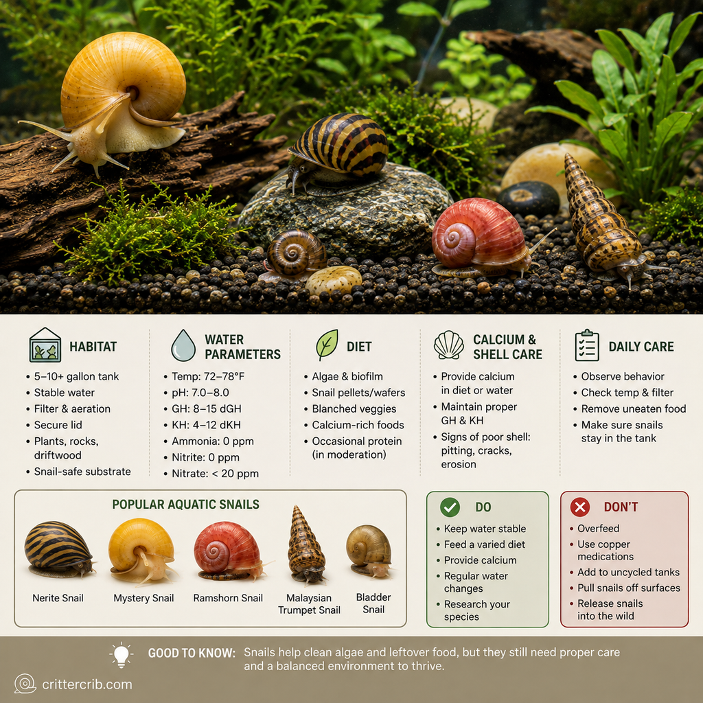 Aquatic snail care guide showing habitat, water parameters, diet, calcium and shell care, and daily aquarium maintenance