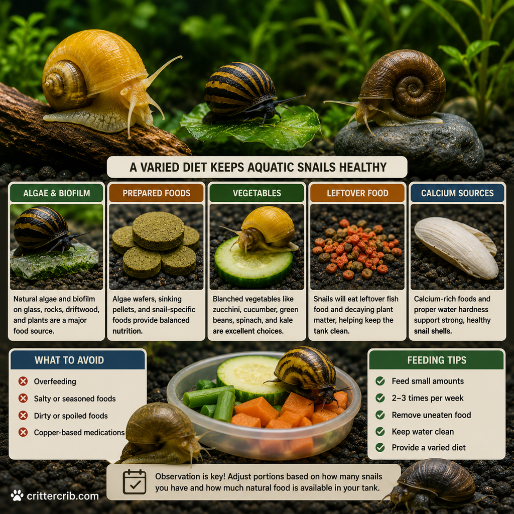 Aquatic snail feeding guide showing algae, biofilm, wafers, vegetables, leftover fish food, and calcium sources