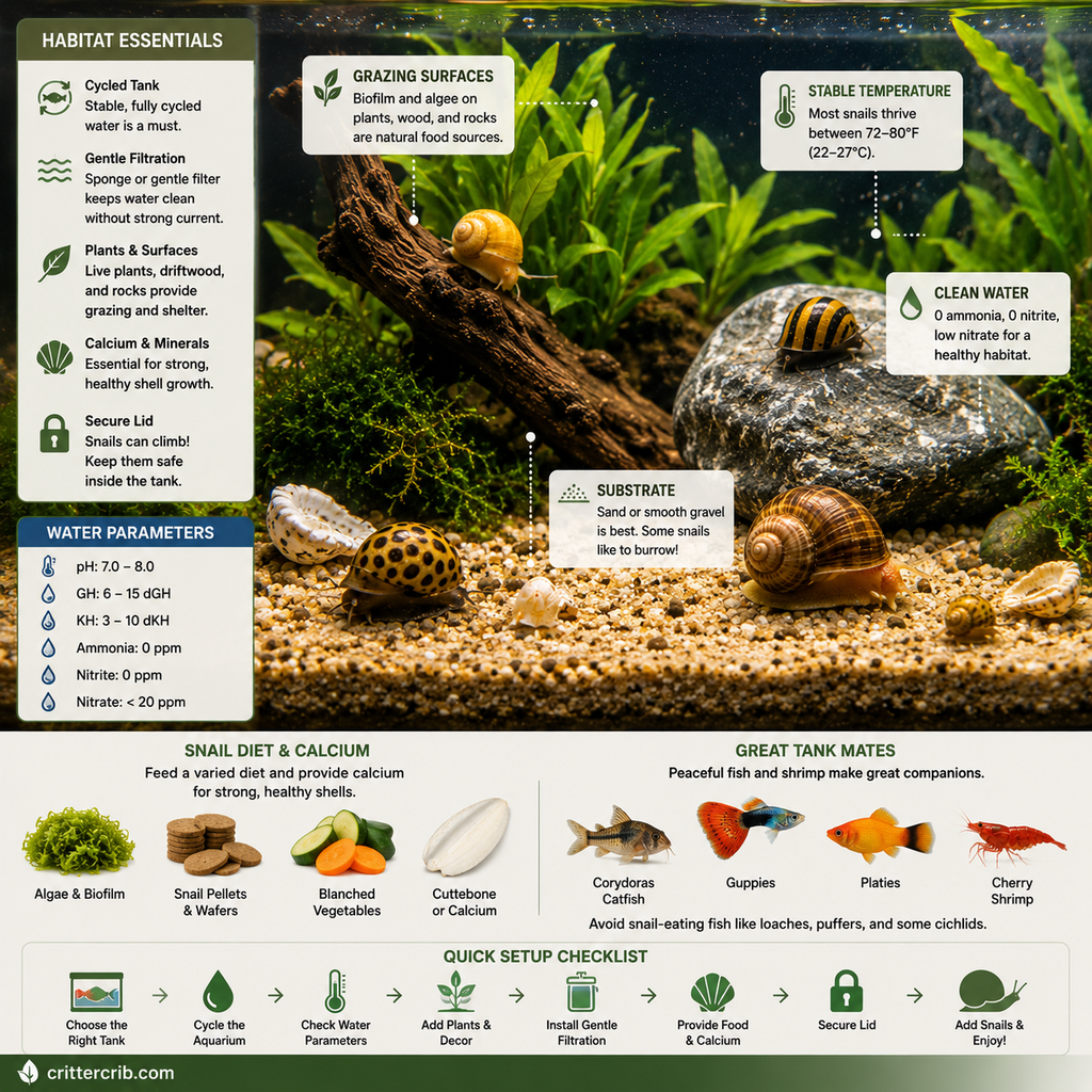 Aquatic snails in a planted freshwater aquarium with smooth substrate, driftwood, rocks, and natural grazing surfaces