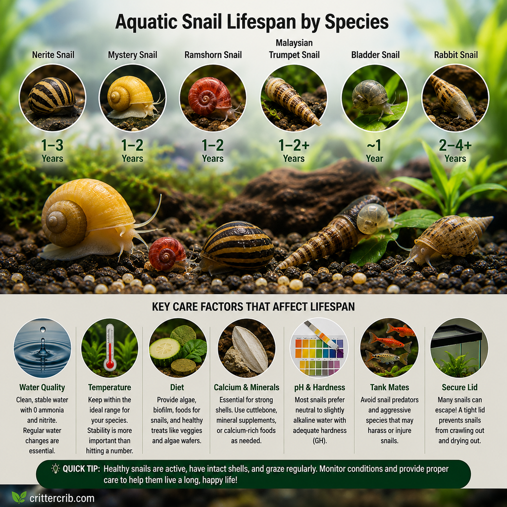Aquatic snail lifespan by species with water quality, diet, calcium, temperature, and other care factors