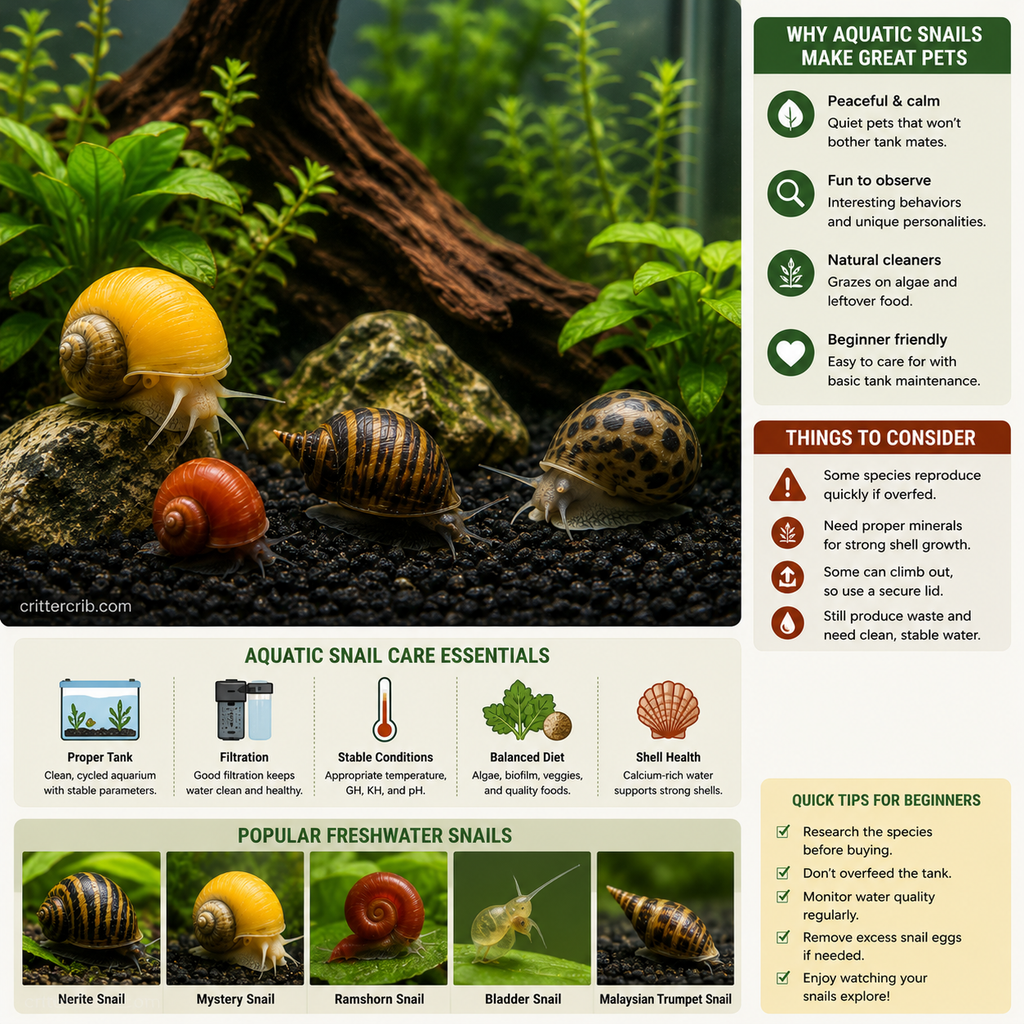 Popular freshwater aquatic snails with beginner care tips for tank setup, feeding, water quality, and shell health