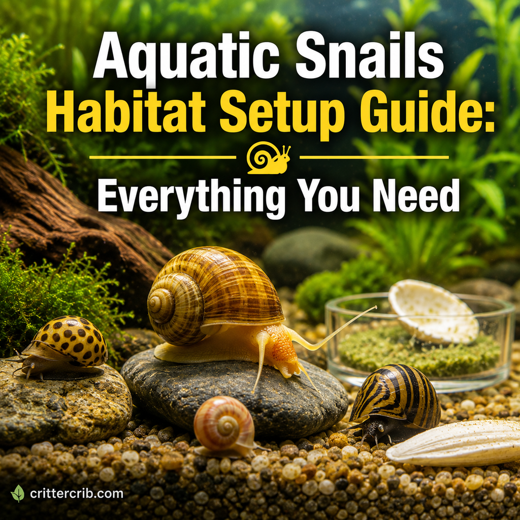 Aquatic snails in a planted freshwater aquarium with rocks, driftwood, and natural grazing surfaces