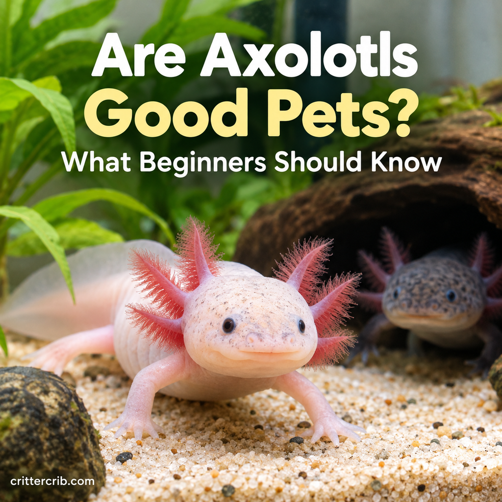 Axolotl in an aquarium with the text Are Axolotls Good Pets? What Beginners Should Know