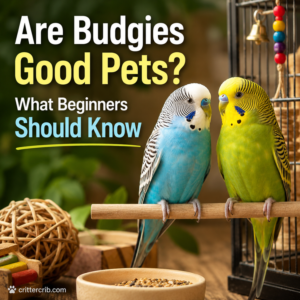 Two pet budgies perched together beside a bird cage