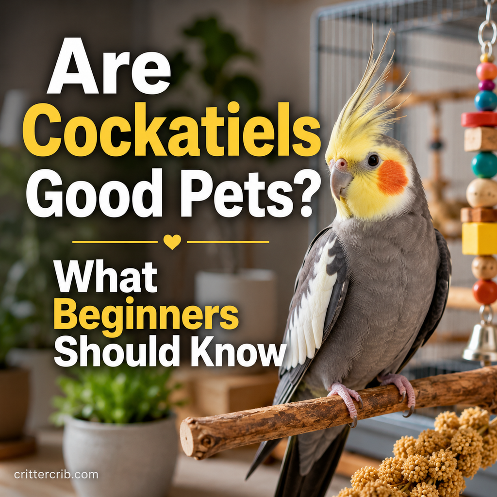 Pet cockatiel perched on a natural branch beside its cage for a beginner guide to cockatiel ownership.