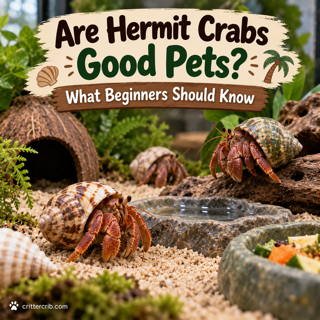 Hermit crabs in a natural terrarium with sand, shells, water dishes, climbing wood, and plants