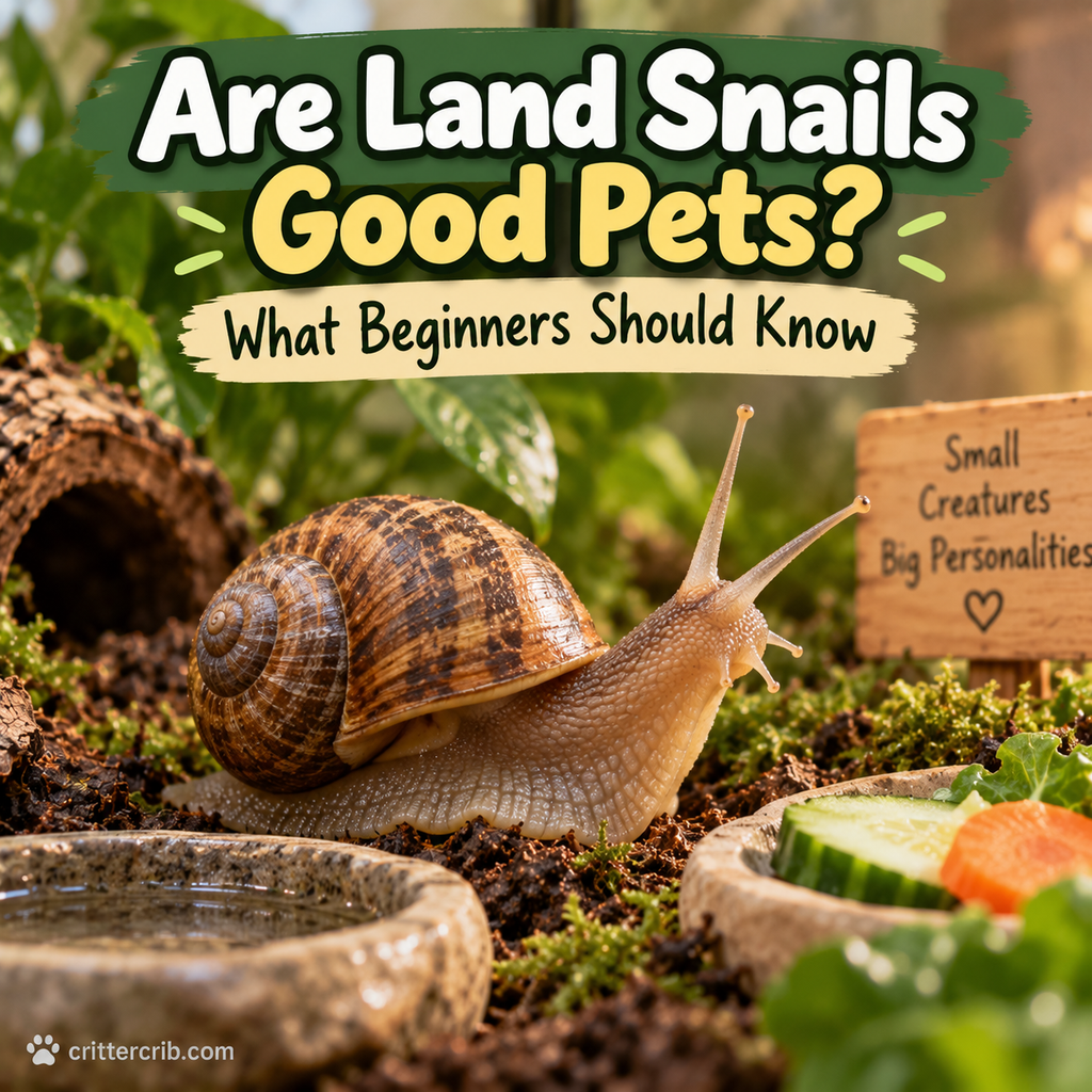 Pet land snail in a natural terrarium with moss, soil, fresh vegetables, and water